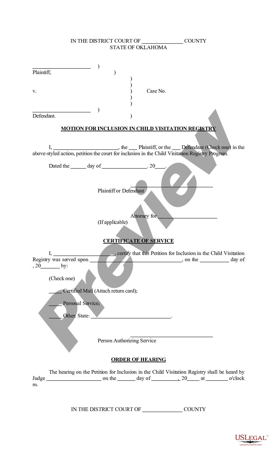 page 0 Motion For Inclusion In Child Visitation Registry - Child Visitation Registry Order preview
