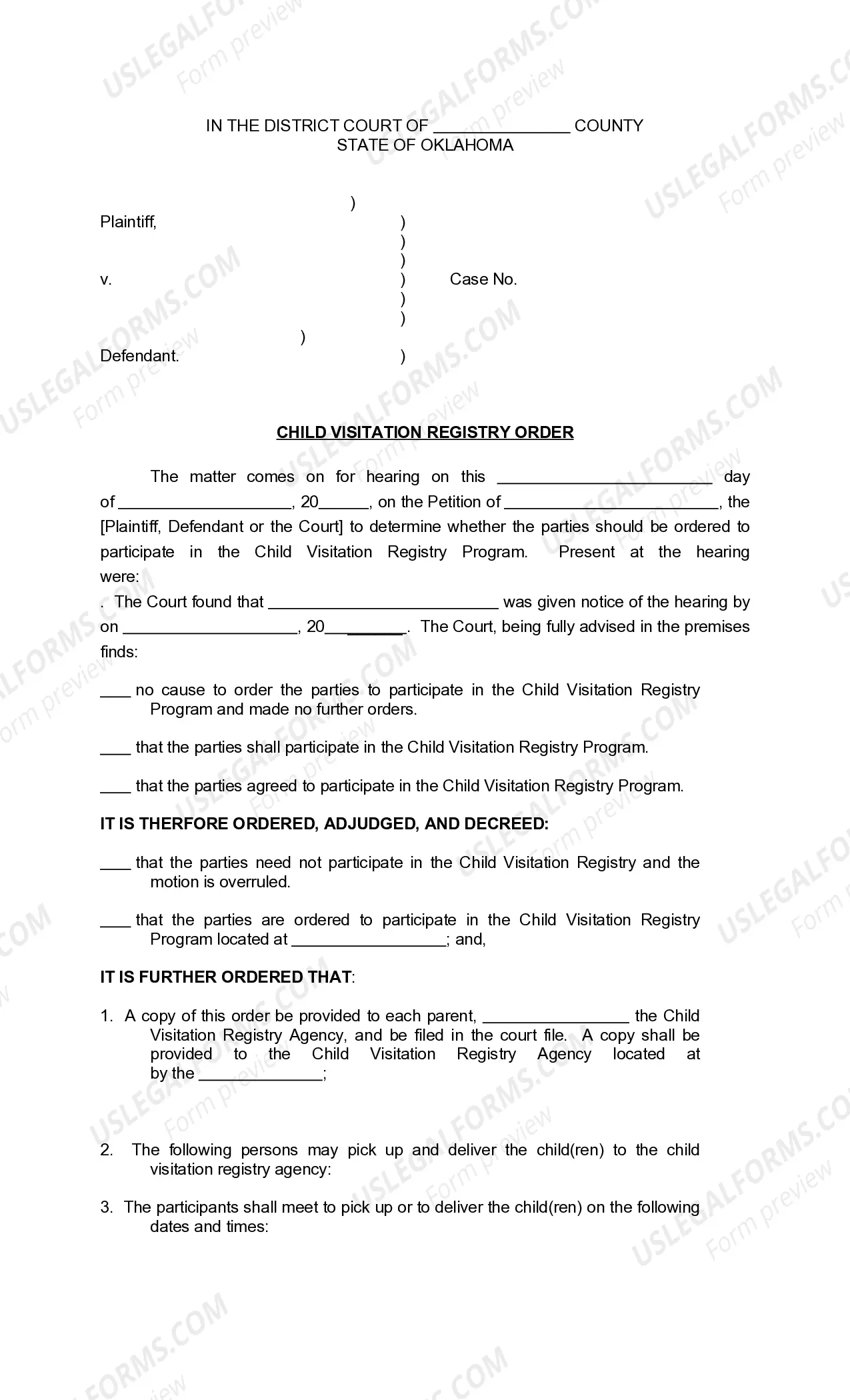 Preview Motion For Inclusion In Child Visitation Registry - Child Visitation Registry Order