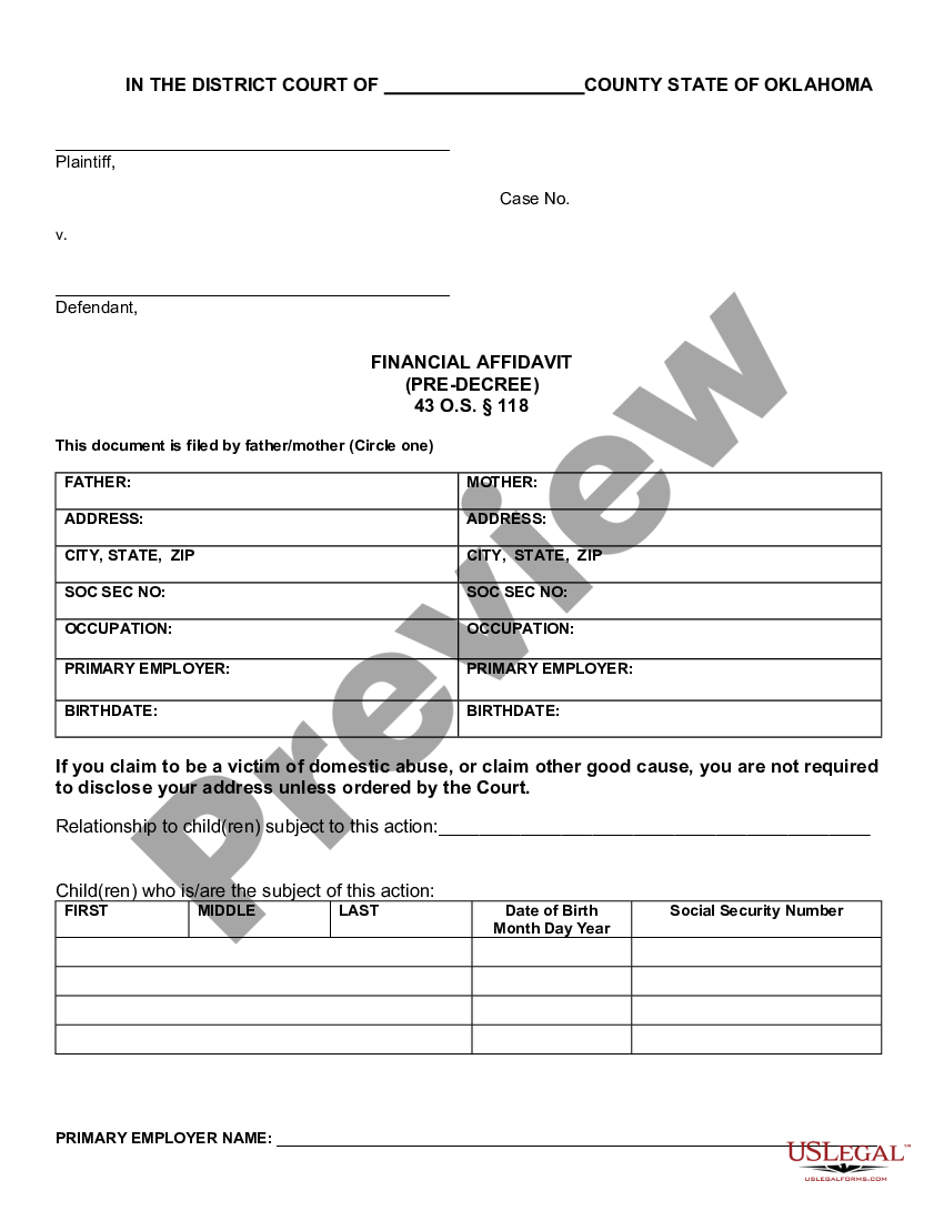 Oklahoma Financial Affidavit - Pre-Decree | US Legal Forms