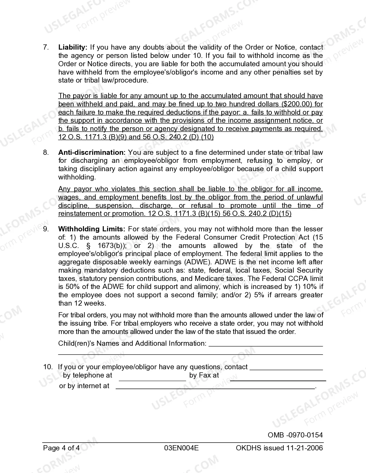 Preview Order - Notice To Withhold Income For Child Support