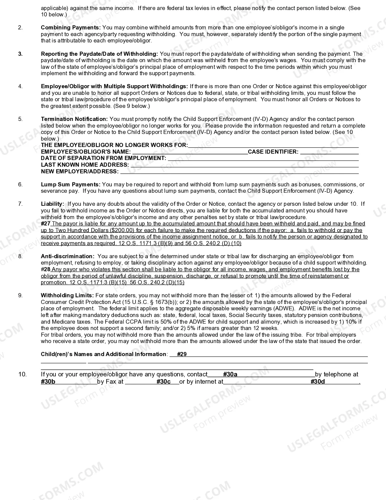 Preview Instructions to Complete Order - Notice to Withhold Income for Child Support