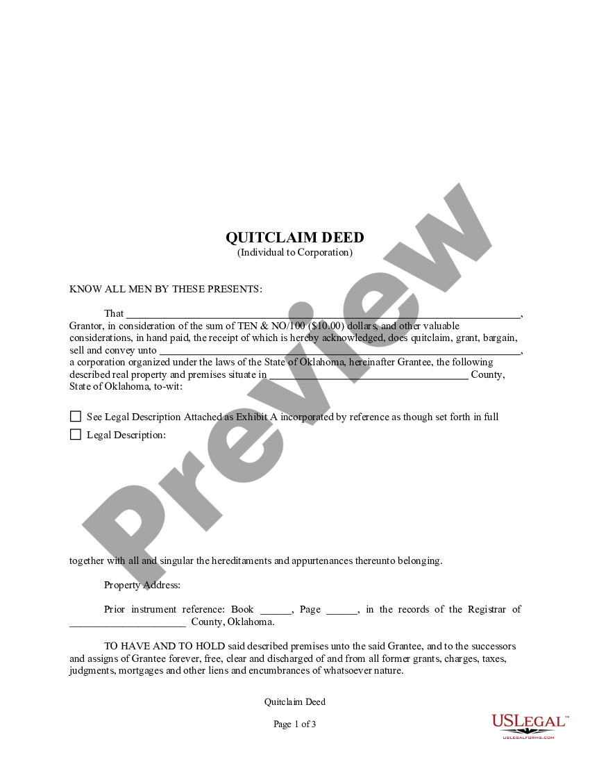 Oklahoma Quitclaim Deed From Individual To Corporation Us Legal Forms 1759