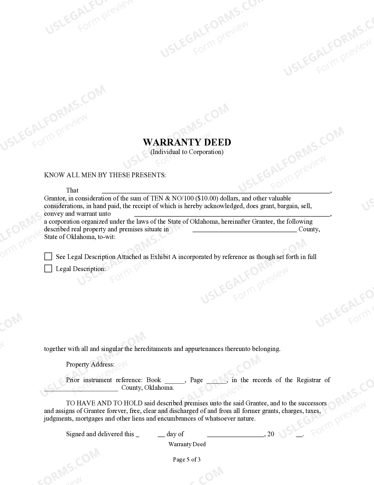 Preview Warranty Deed from Individual to Corporation