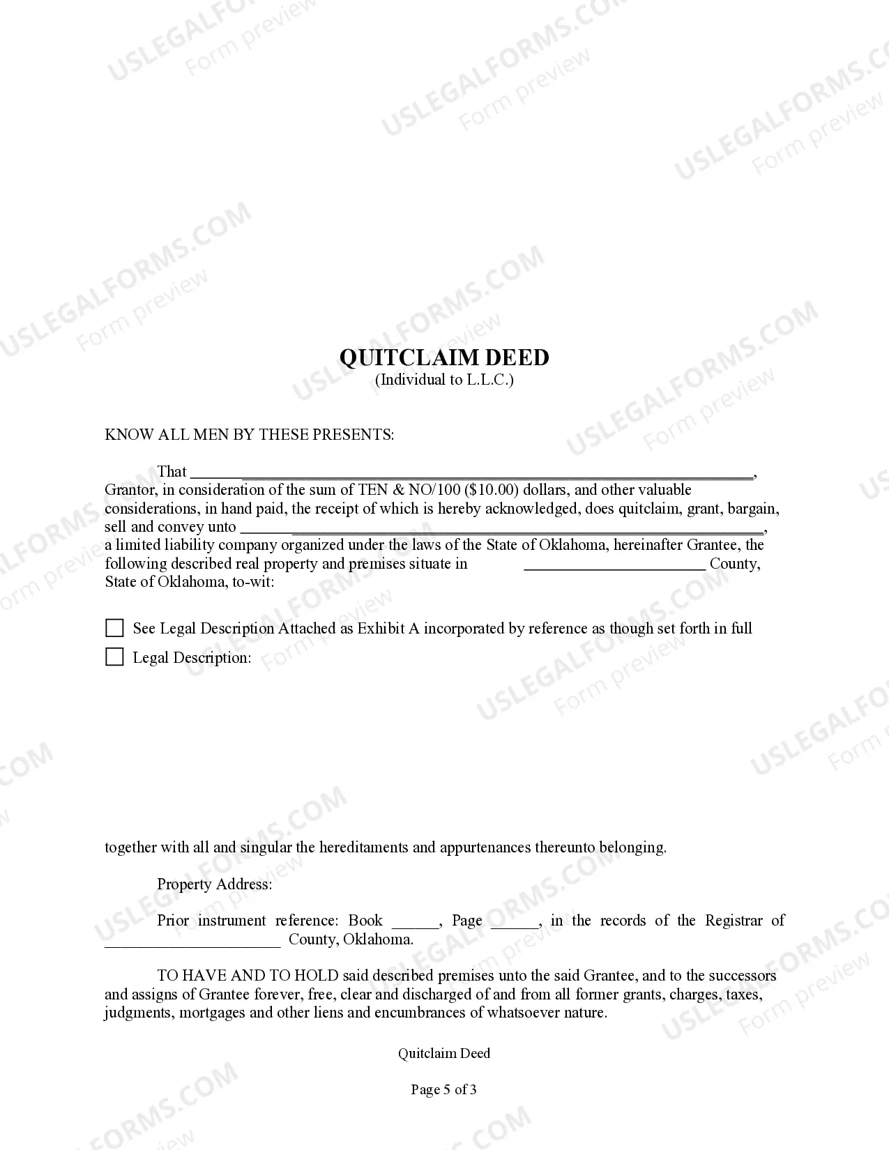 Preview Quitclaim Deed from Individual to LLC