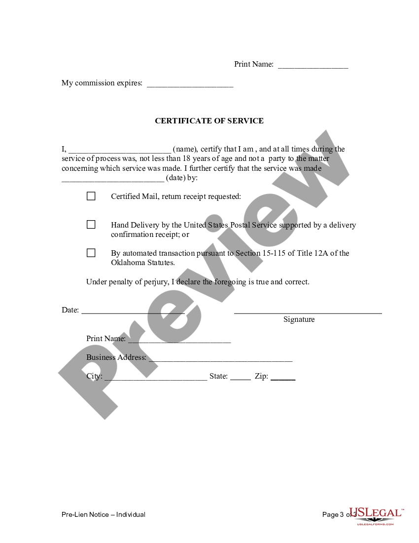 Oklahoma Pre Lien Notice Template With Lines US Legal Forms