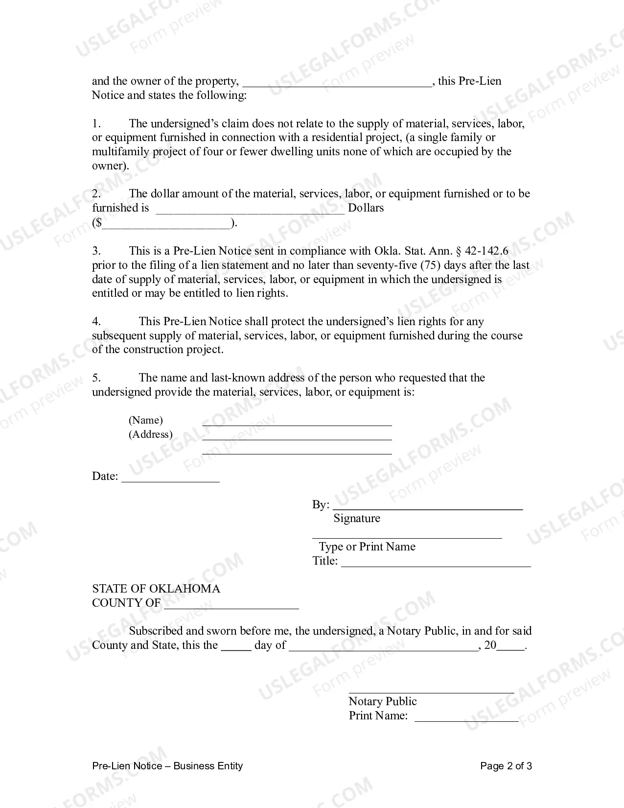 Preview Pre-Lien Notice - Business Entity (Corporation, L.L.C., Ltd Partnership. etc.)