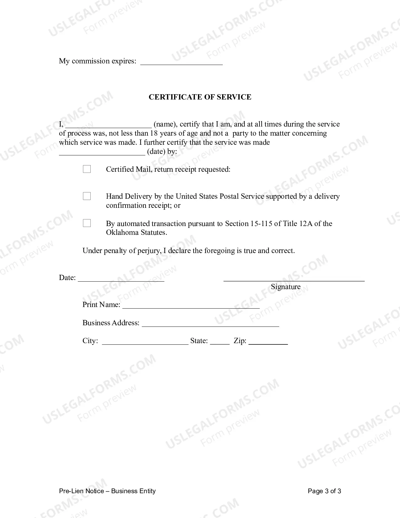 Preview Pre-Lien Notice - Business Entity (Corporation, L.L.C., Ltd Partnership. etc.)