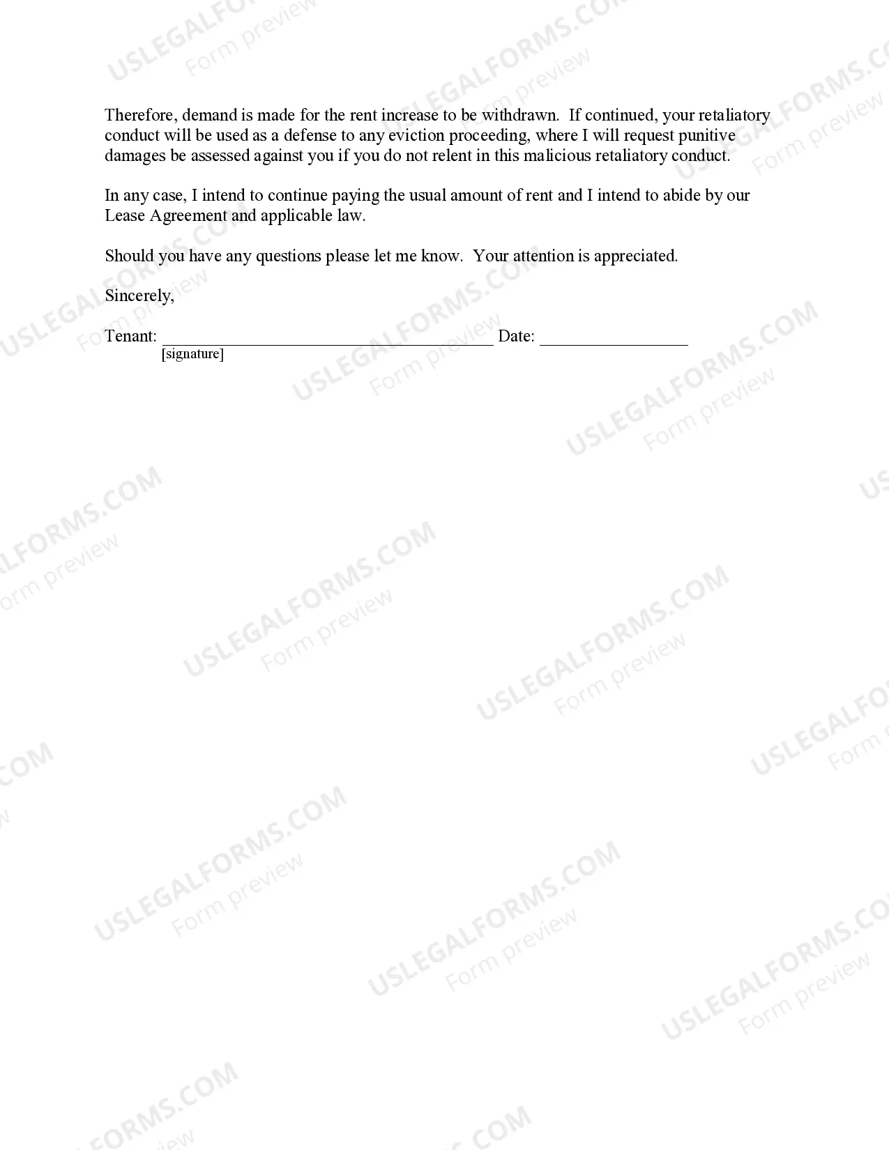 Preview Letter from Tenant to Landlord containing Notice to landlord to withdraw retaliatory rent increase