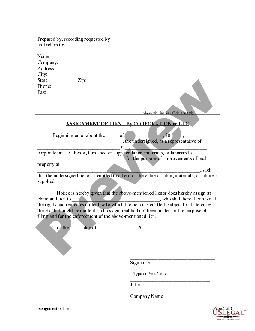 Oklahoma Assignment of Lien Corporation or LLC US Legal Forms