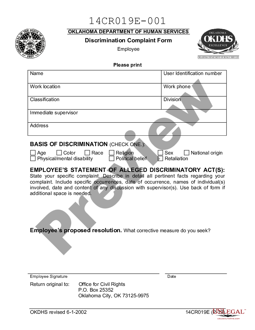 Oklahoma Discrimination Complaint Employee Us Legal Forms 0908