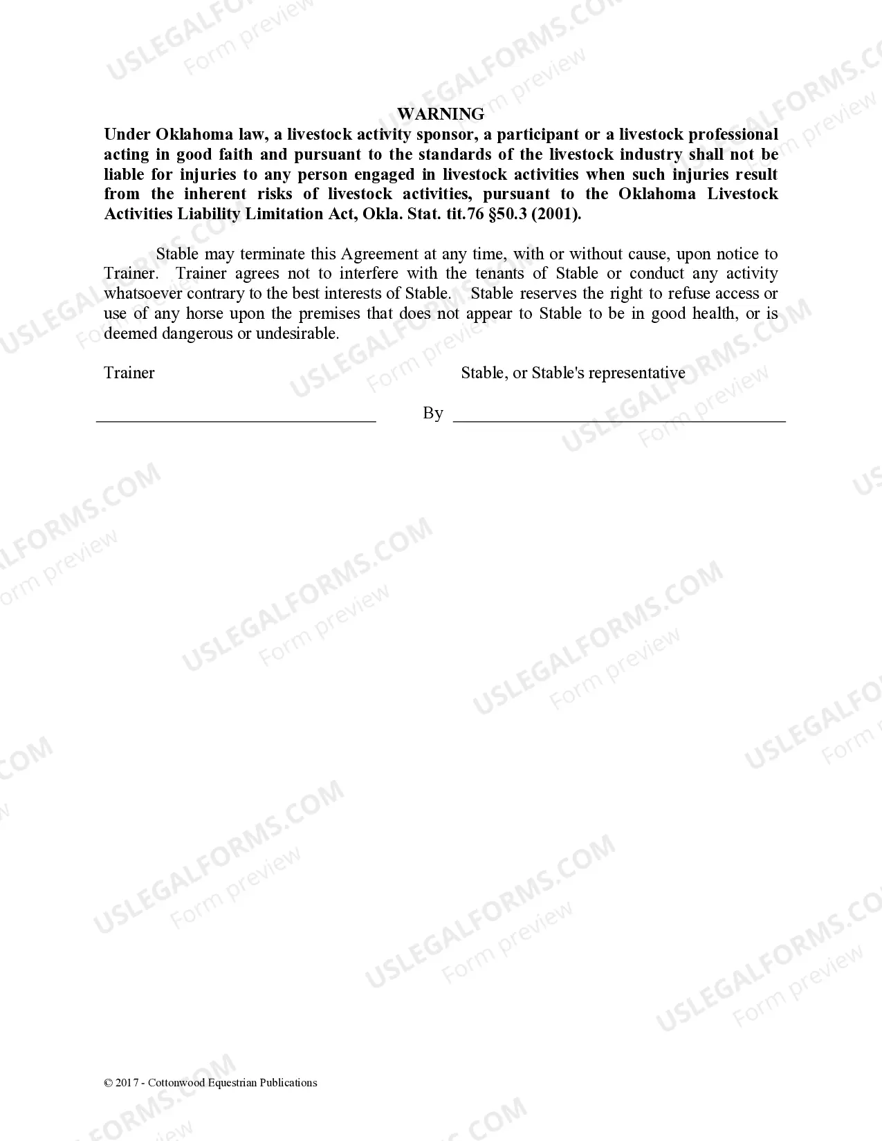 Preview Trainer's Facility Use Agreement - Horse Equine Forms