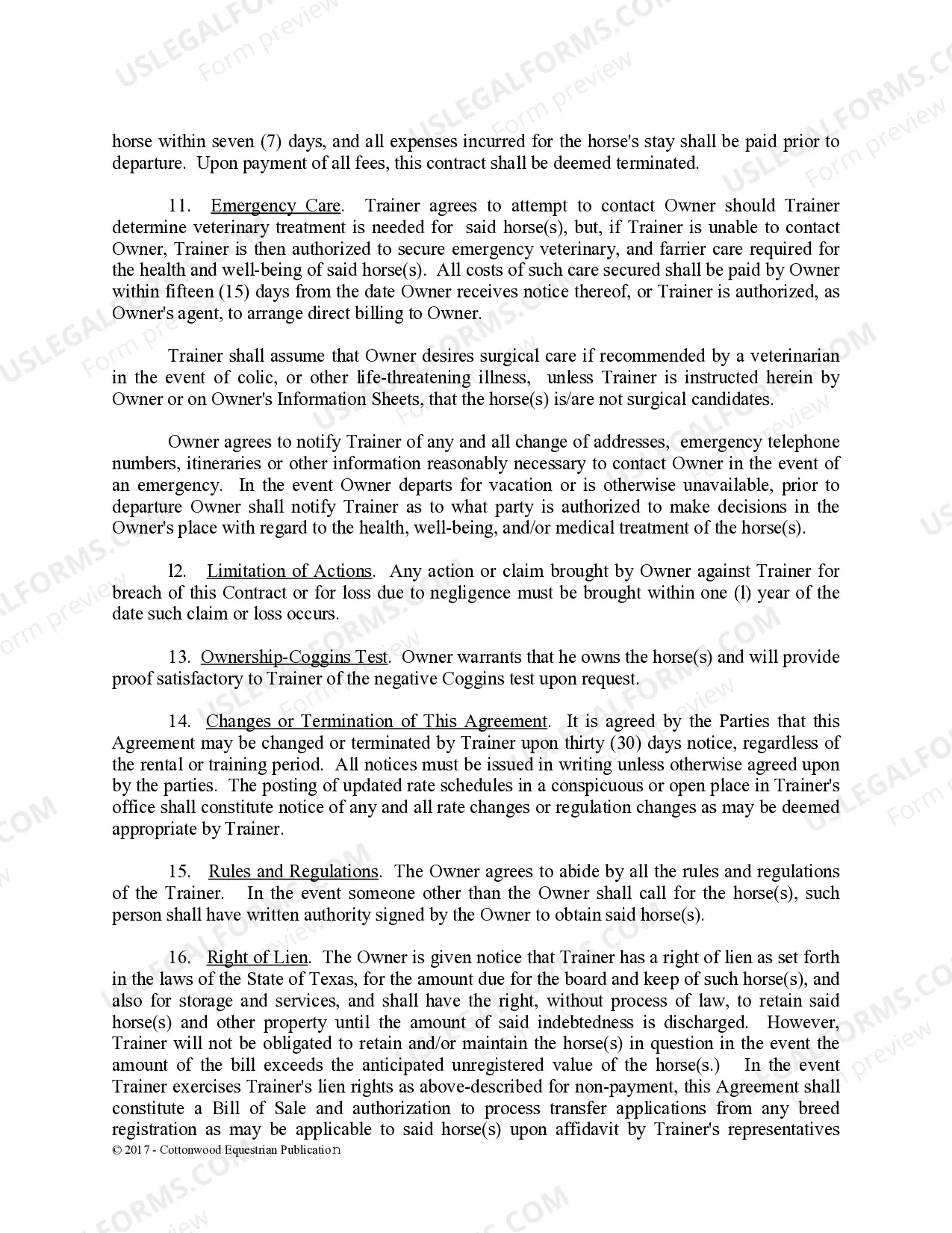 Preview Training Contract - Horse Equine Forms