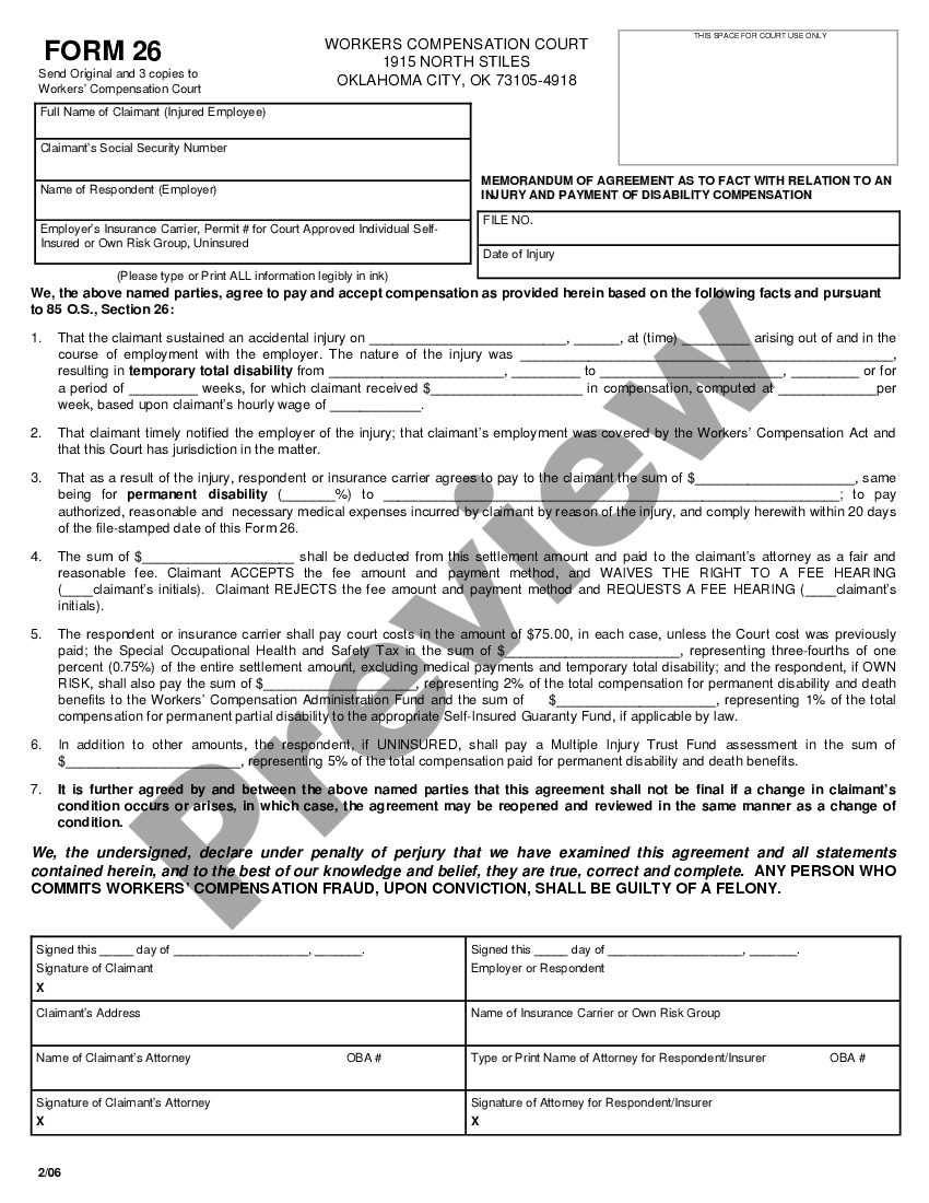 Oklahoma Memorandum of Agreement as to Fact With Relation to an Injury ...