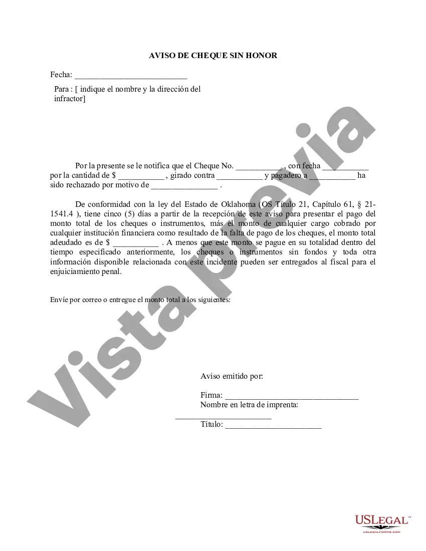 Preview Aviso de cheque sin fondos - Penal - Palabras clave: cheque sin fondos, cheque sin fondos