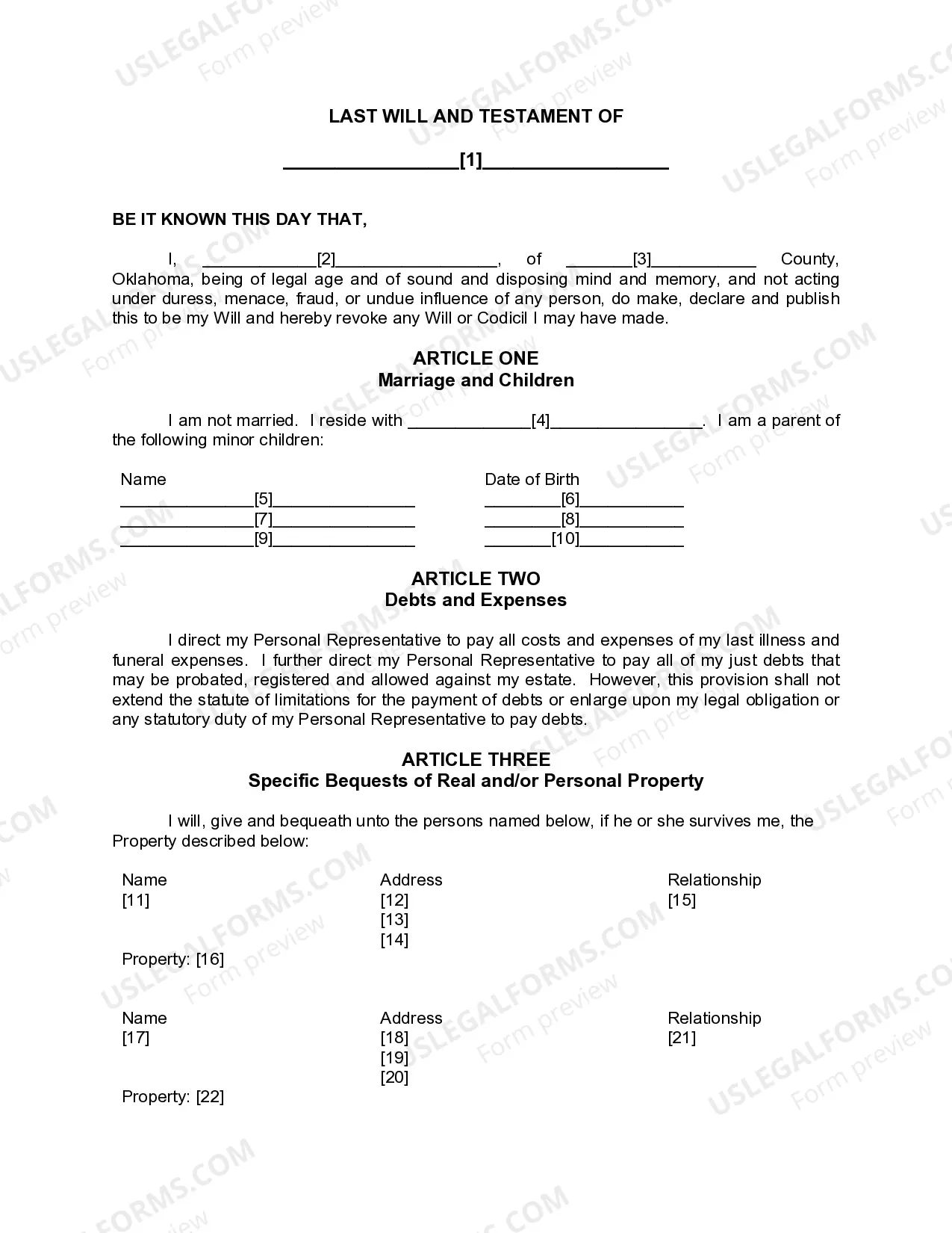 Preview Mutual Wills or Last Will and Testaments for Man and Woman living together, not Married with Minor Children