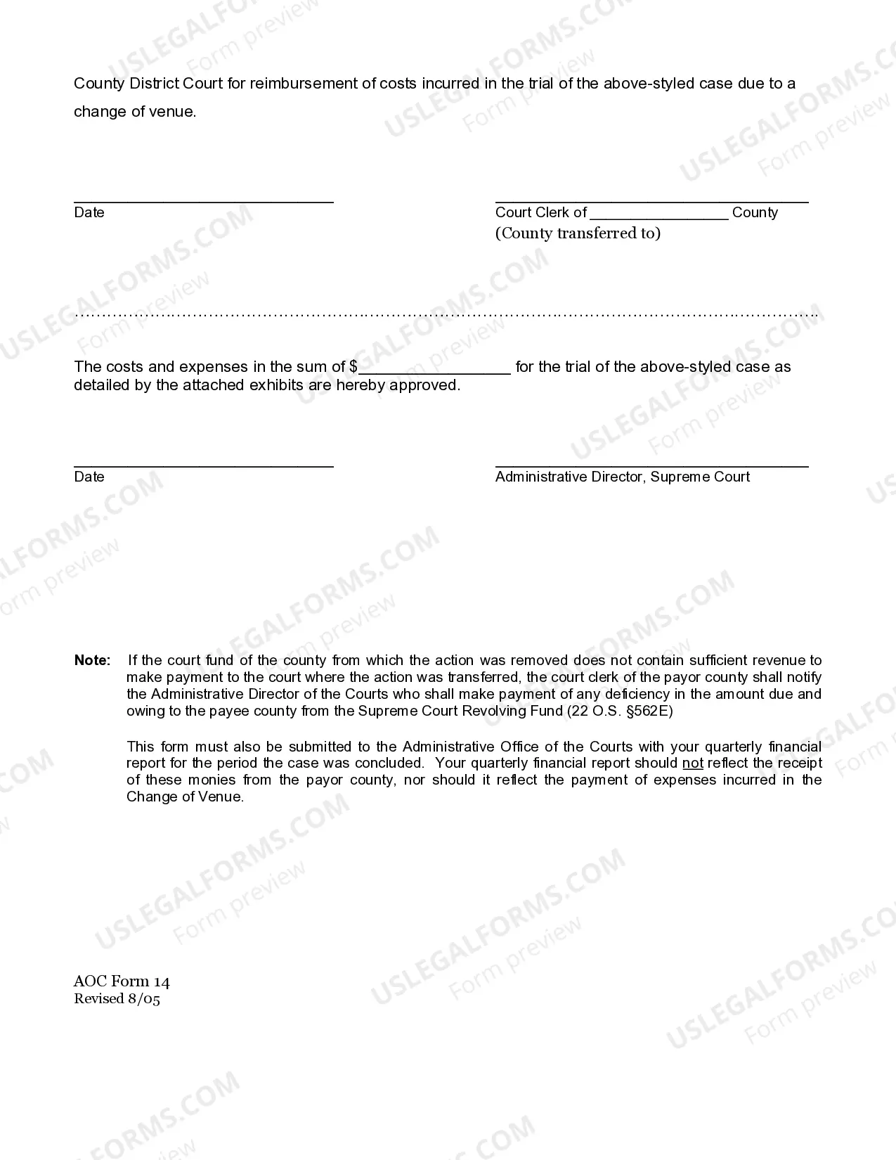 Preview Change of Venue Report - Expense Certification