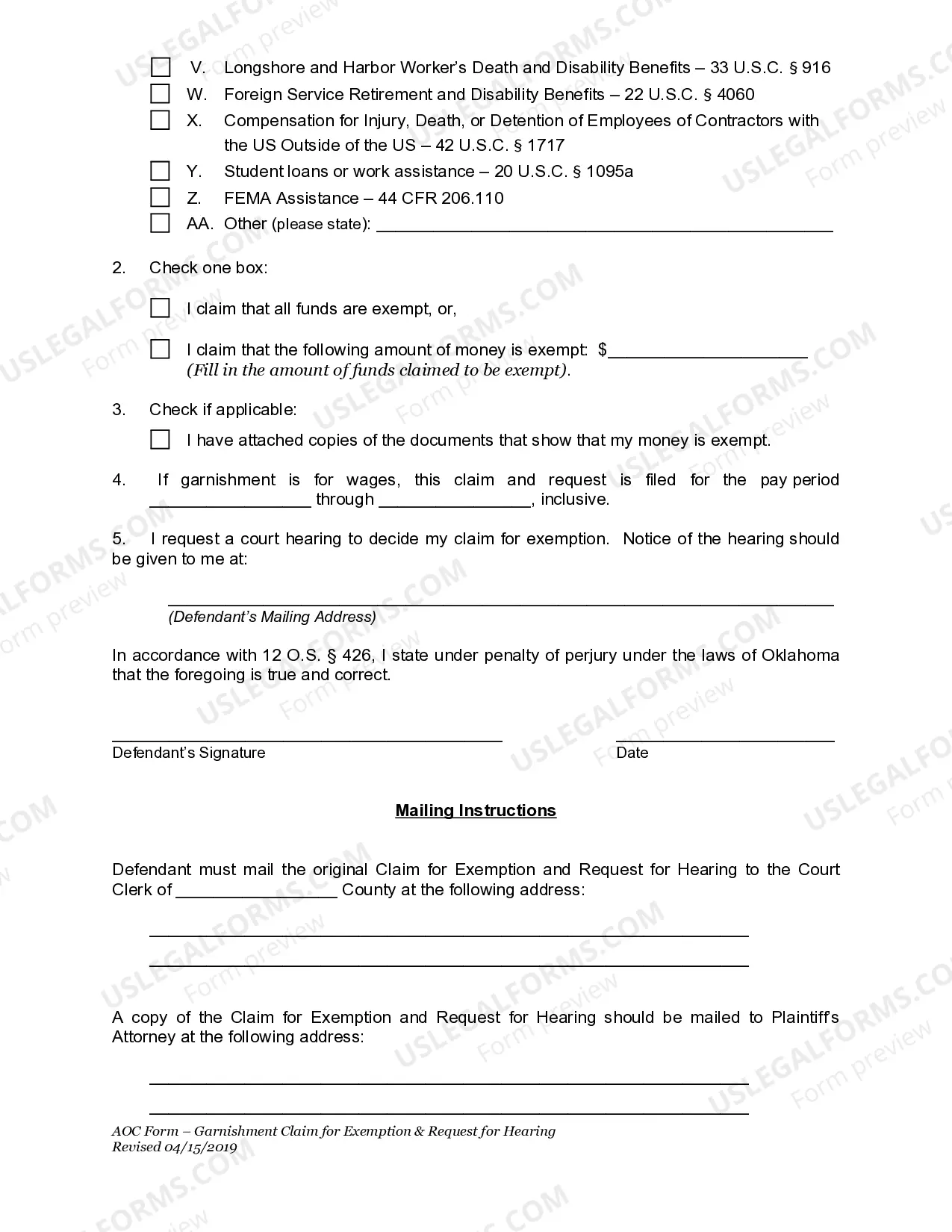 Preview Claim for Exemption and Request for Hearing regarding Garnishment