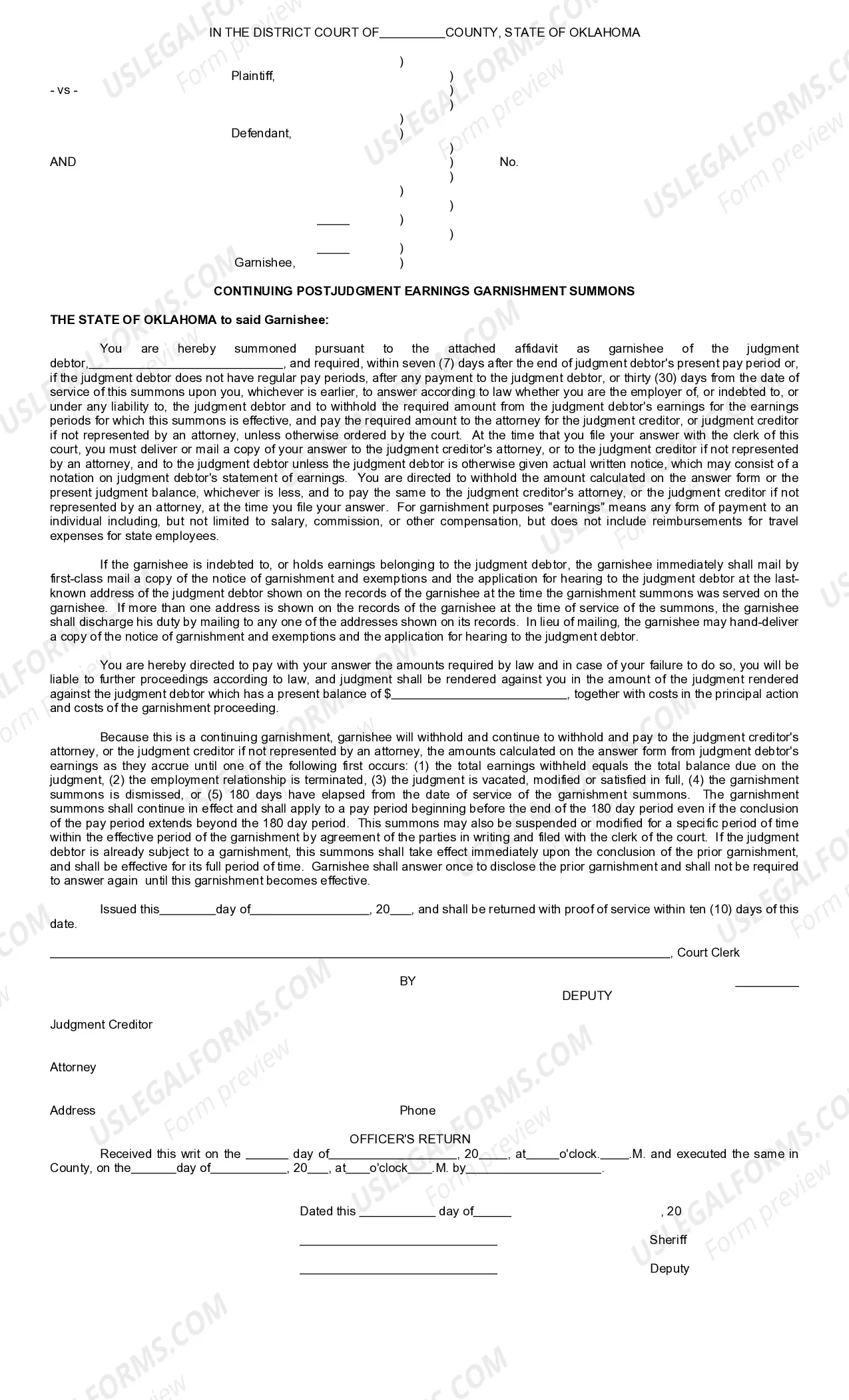 Preview Noncontinuing and Continuing Post-Judgment Earnings Garnishment Summons