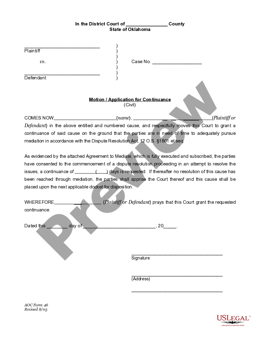 Oklahoma Motion Application for Continuance Motion For Continuance