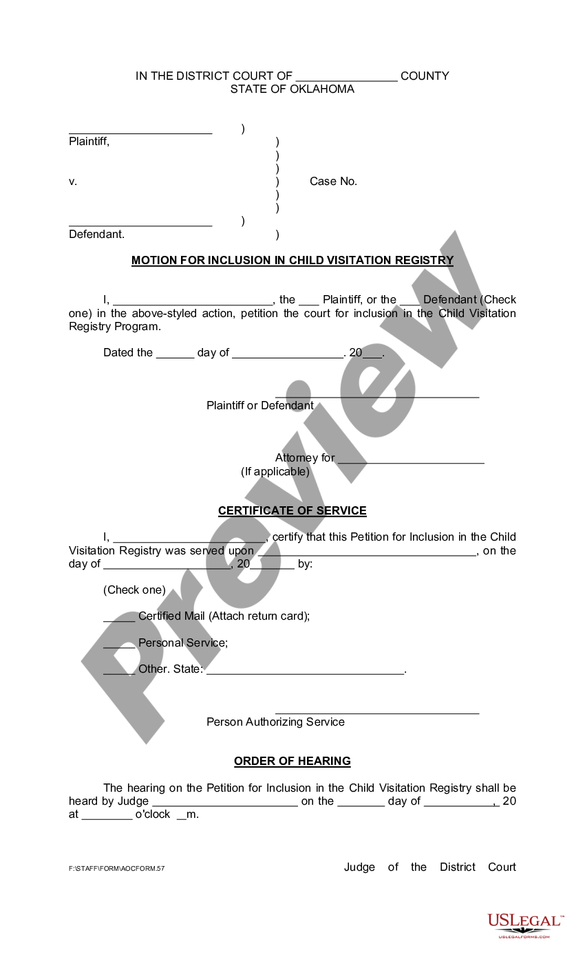 Oklahoma Motion For Inclusion In Child Visitation Custody Child 