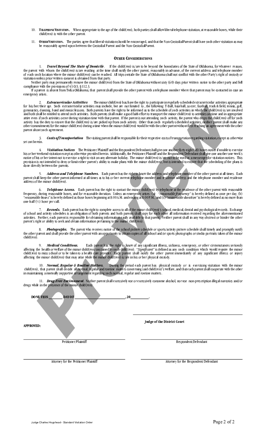 Oklahoma Standard Visitation Schedule Order Oklahoma County