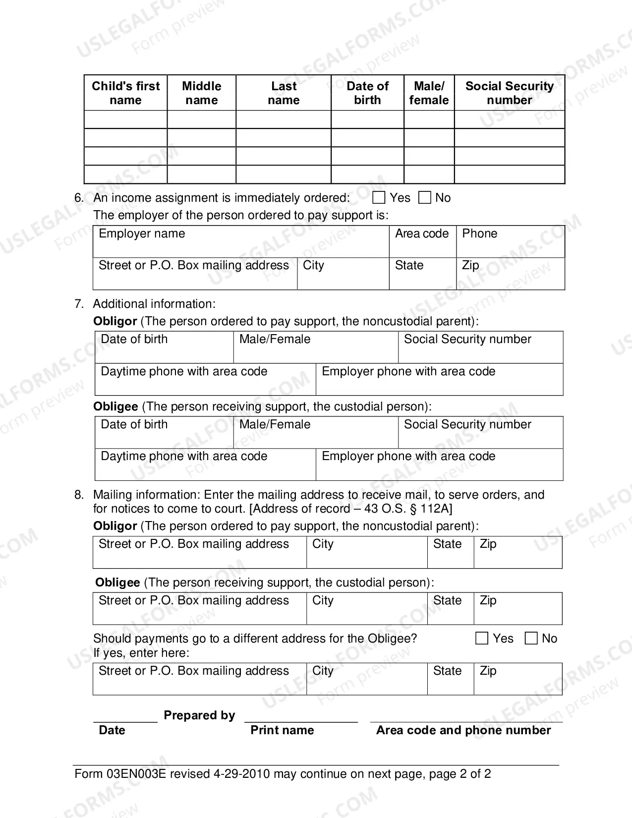 Preview Summary of Support Order Form for Child Support Orders