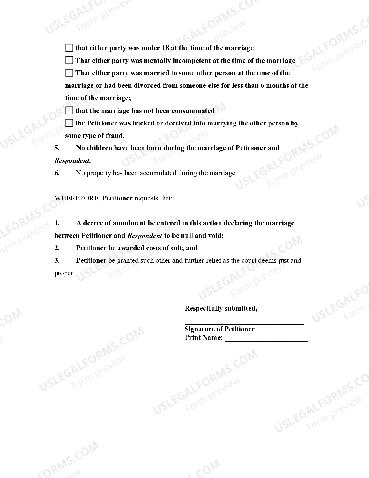 Preview Petition to Annul Marriage