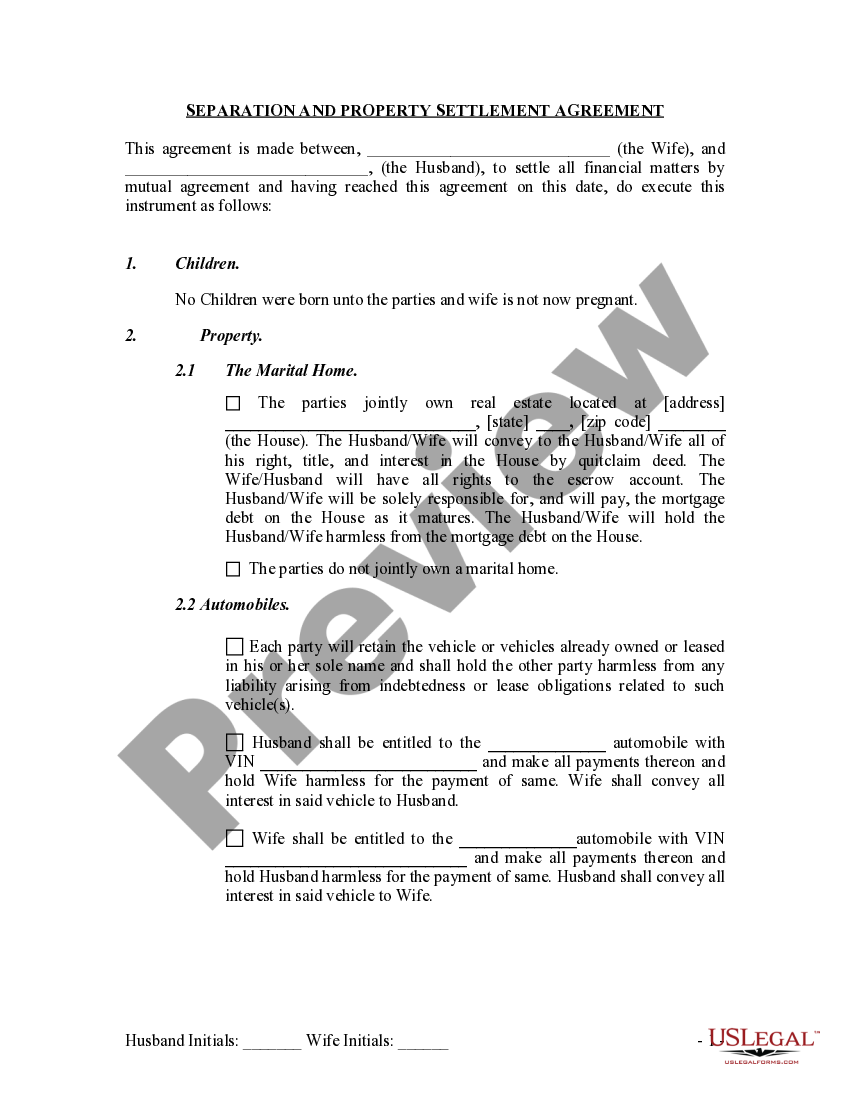 Oklahoma Marital Domestic Separation and Property Settlement Agreement