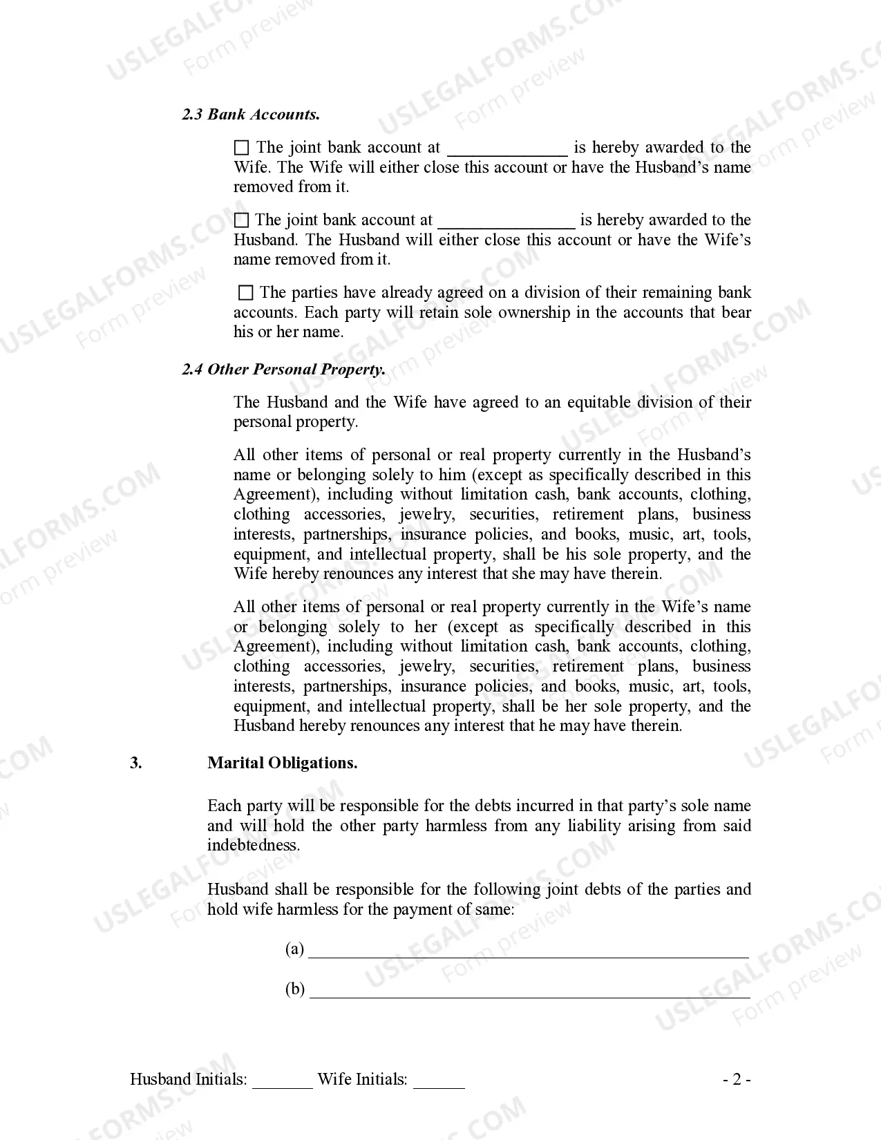 Preview Marital Domestic Separation and Property Settlement Agreement no children