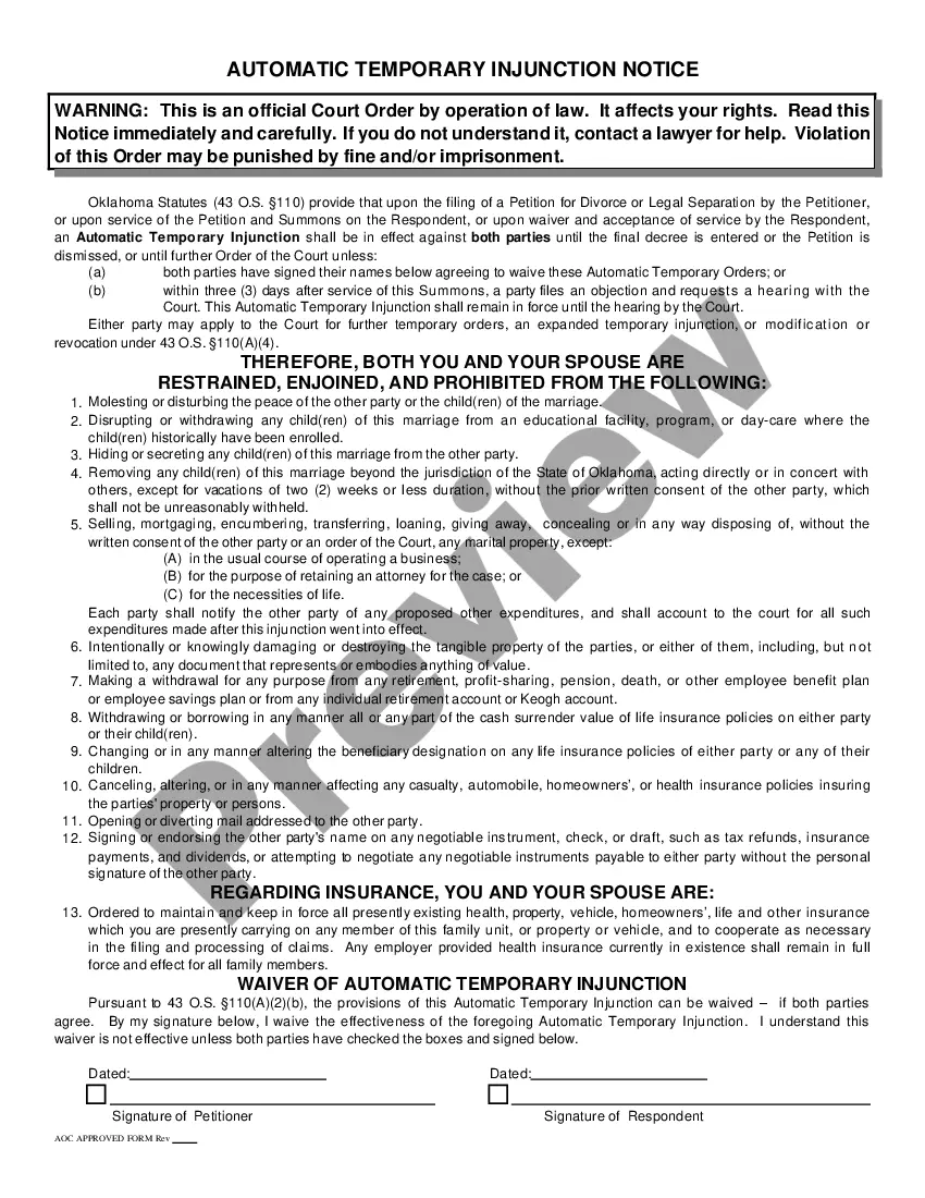 Get Summons and Notice of Automatic Temporary Injunction Preview Summons and Notice of Automatic Temporary Injunction