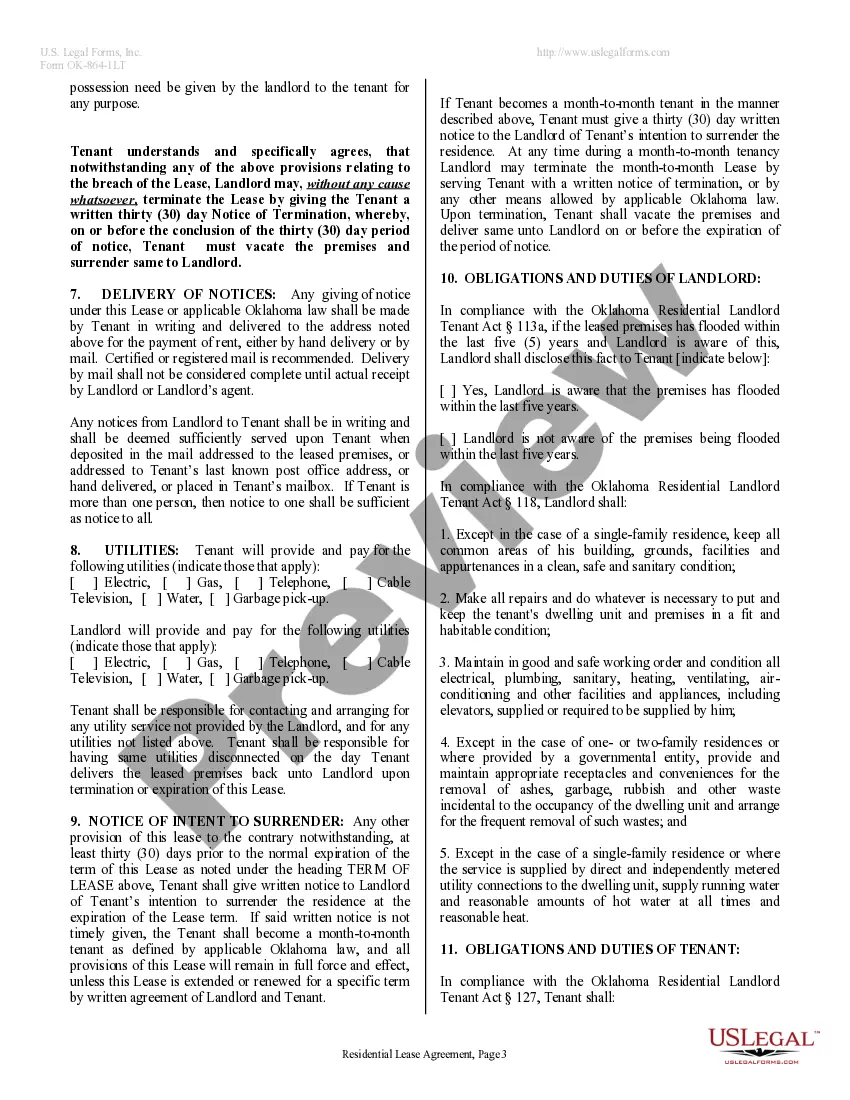 Preview Residential Lease or Rental Agreement for Month to Month