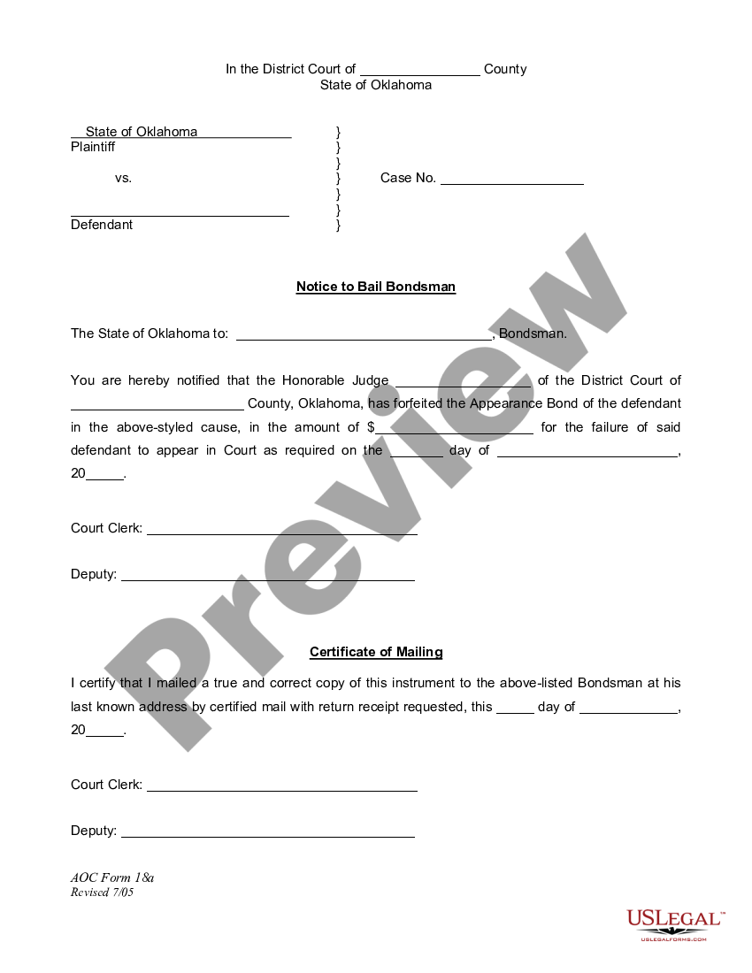 Oklahoma Notice to Bail Bondsman | US Legal Forms