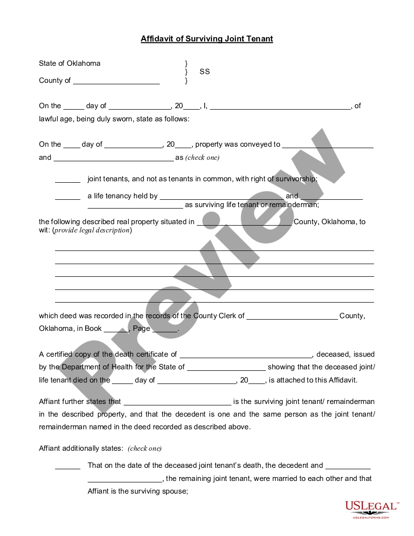 Affidavit Of Surviving Joint Tenant Form For Fill Out Us Legal Forms 5590