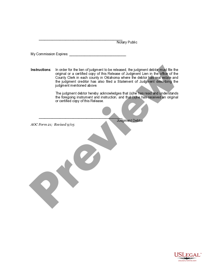 Oklahoma Full or Partial Release of Judgment Liens by Judgment Creditor Partial Release Of