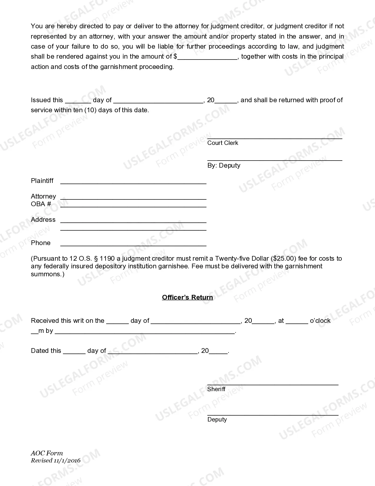 Preview Post-Judgment General Garnishment Summons