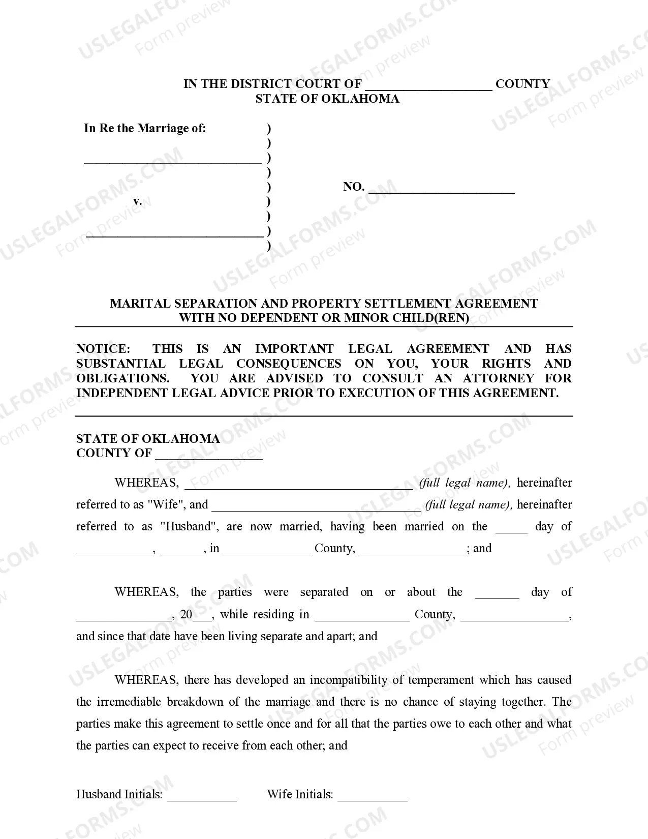 Preview Marital Domestic Separation and Property Settlement Agreement for persons with No Children, No Joint Property or Debts where Divorce Action Filed