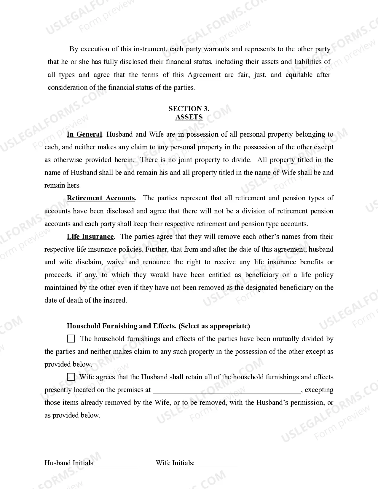 Preview Marital Domestic Separation and Property Settlement Agreement for persons with No Children, No Joint Property or Debts where Divorce Action Filed
