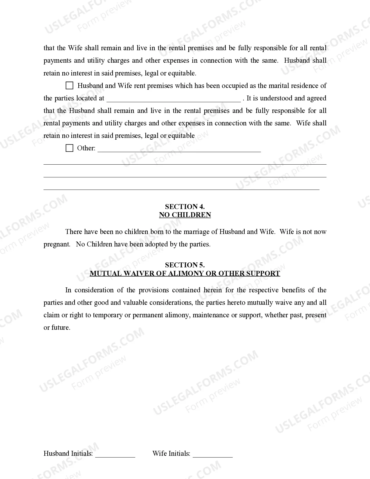 Preview Marital Domestic Separation and Property Settlement Agreement for persons with No Children, No Joint Property or Debts where Divorce Action Filed