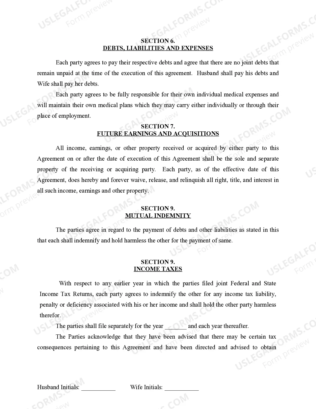 Preview Marital Domestic Separation and Property Settlement Agreement for persons with No Children, No Joint Property or Debts where Divorce Action Filed