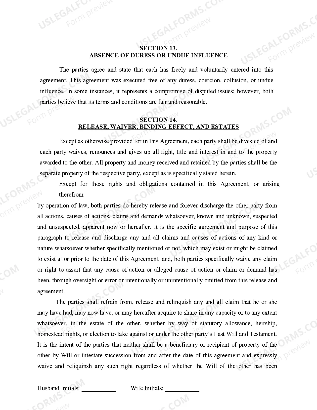 Preview Marital Domestic Separation and Property Settlement Agreement for persons with No Children, No Joint Property or Debts where Divorce Action Filed