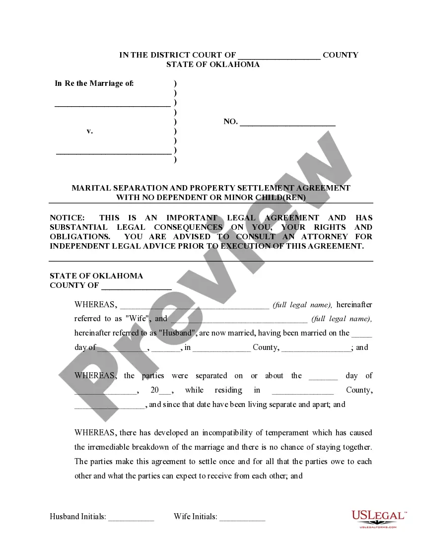 Preview Marital Domestic Separation and Property Settlement Agreement no Children parties may have Joint Property or Debts where Divorce Action Filed