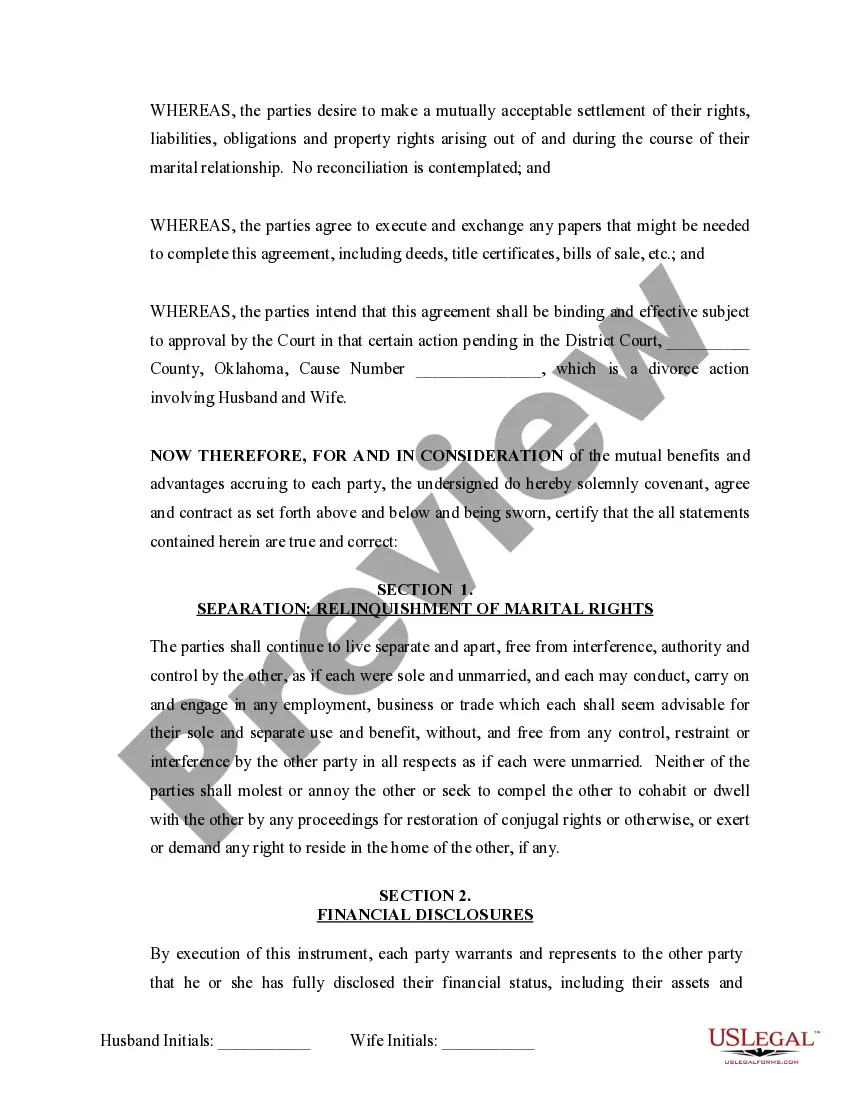 Preview Marital Domestic Separation and Property Settlement Agreement no Children parties may have Joint Property or Debts where Divorce Action Filed