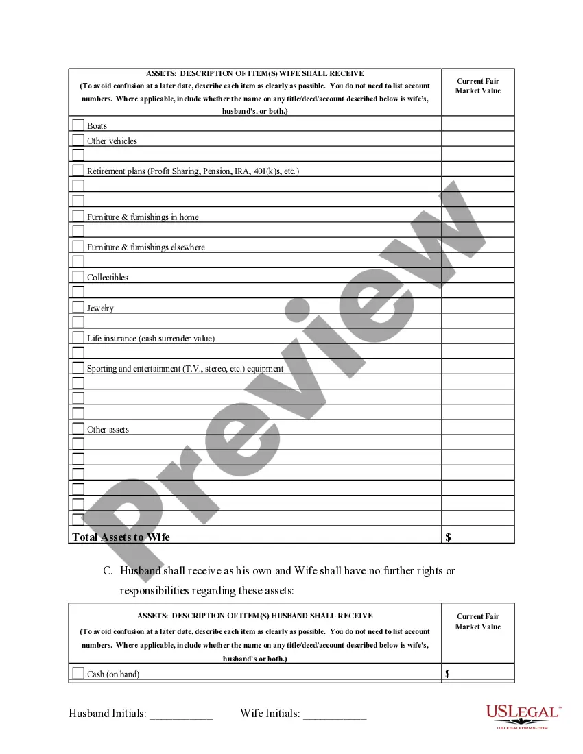 Preview Marital Domestic Separation and Property Settlement Agreement no Children parties may have Joint Property or Debts where Divorce Action Filed