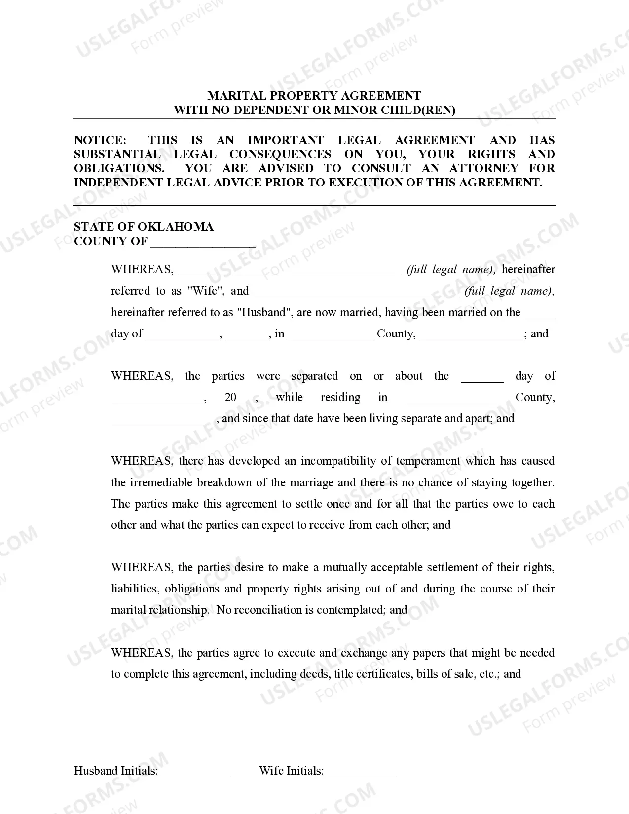 Preview Marital Domestic Separation and Property Settlement Agreement no Children parties may have Joint Property or Debts Effective Immediately