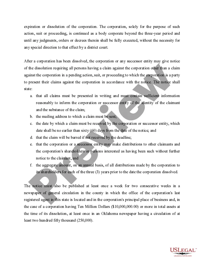 Preview Oklahoma Dissolution Package to Dissolve Corporation