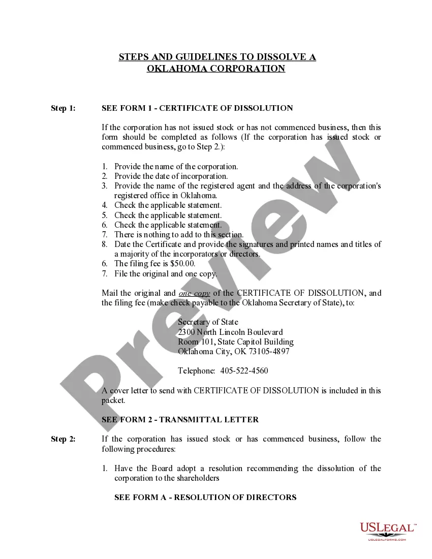 Preview Oklahoma Dissolution Package to Dissolve Corporation