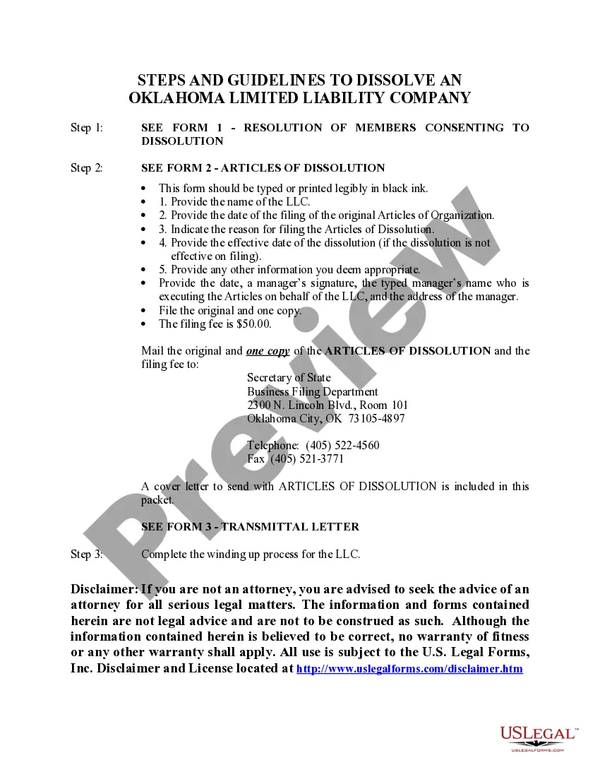 Get Oklahoma Dissolution Package to Dissolve Limited Liability Company LLC Preview Oklahoma Dissolution Package to Dissolve Limited Liability Company LLC