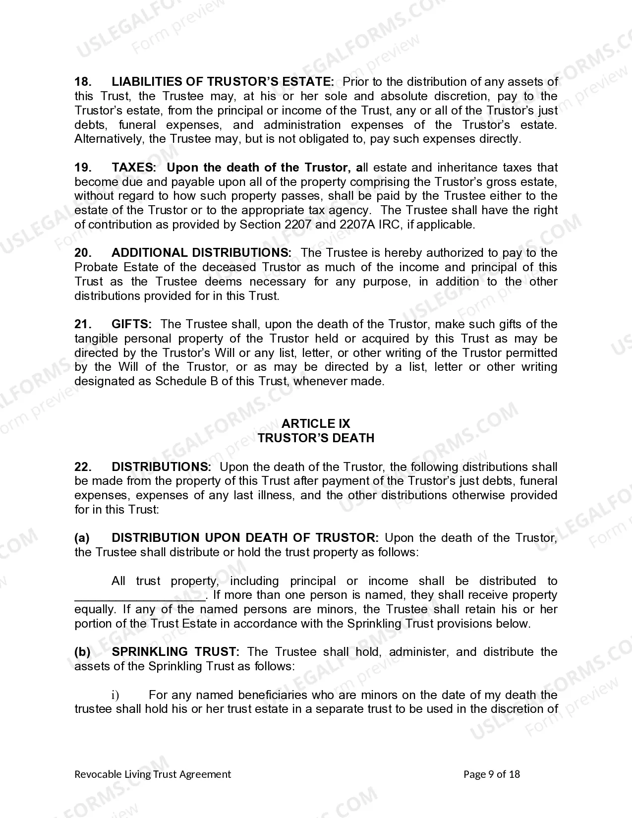 Preview Living Trust for Individual as Single, Divorced or Widow (or Widower) with No Children