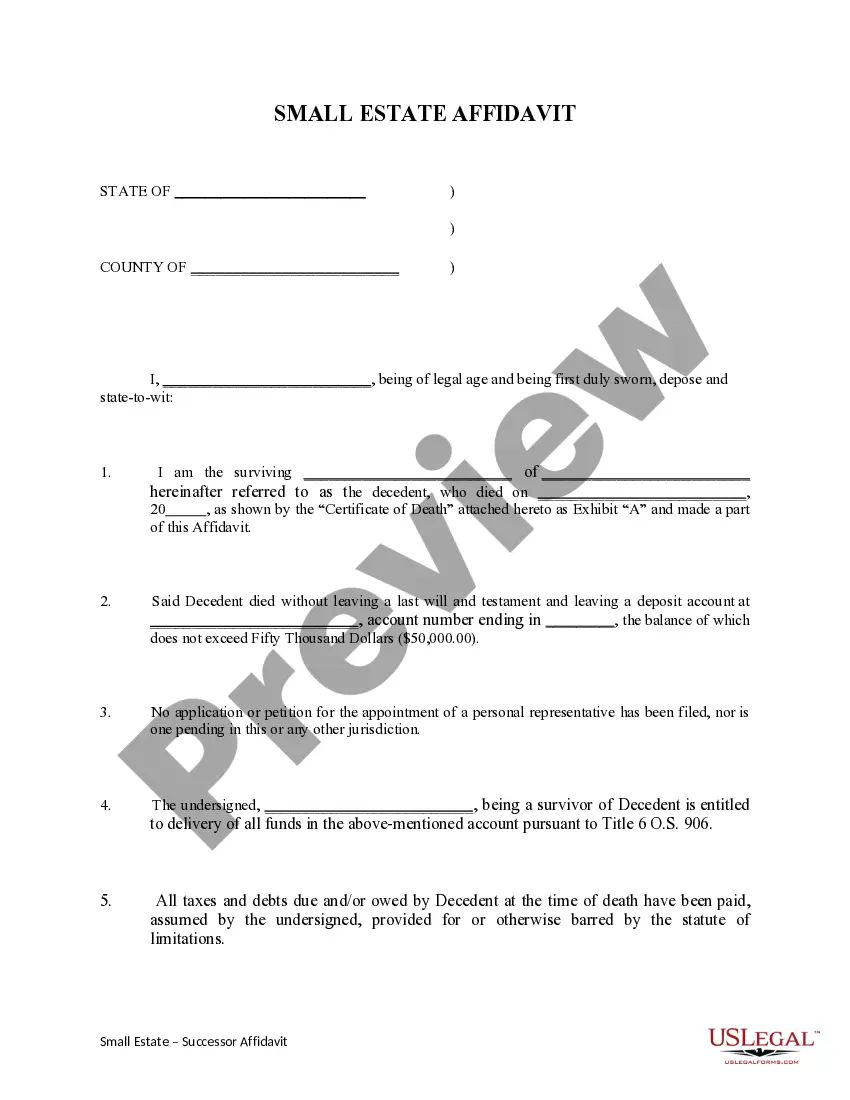 Preview Small Estate Successor Affidavit - Not to Exceed $50,000