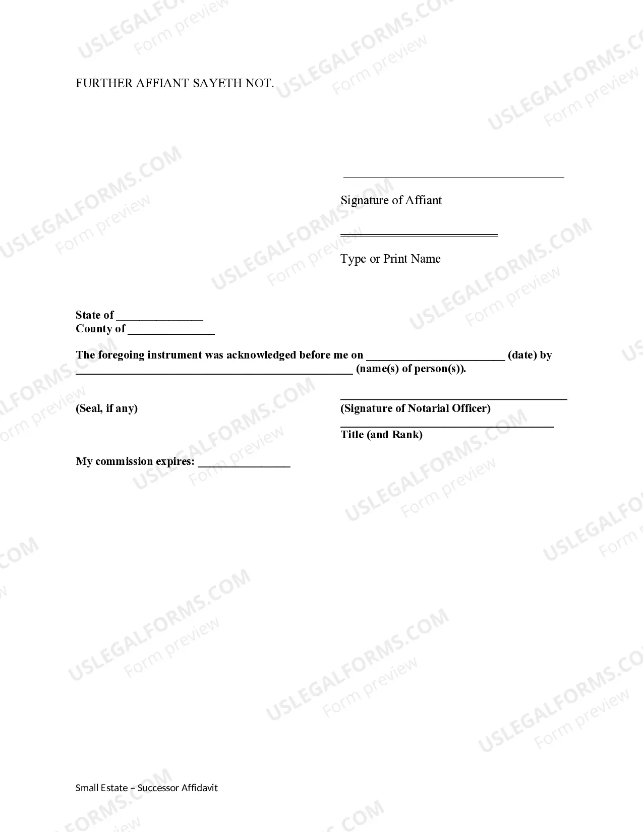 Preview Small Estate Successor Affidavit - Not to Exceed $50,000